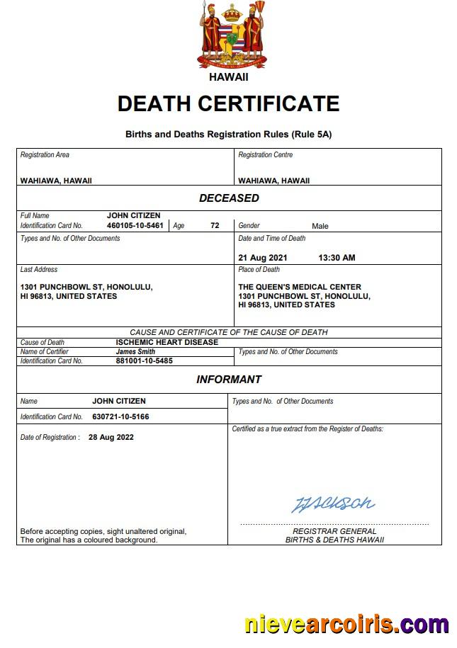 Hawaii death certificate